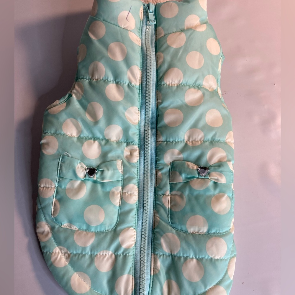 Smoochie pooch dog blue dot bow pocket bomber jacket large